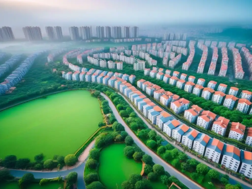 Integración urbana: viviendas sociales en un paisaje vibrante Vista aérea de una ciudad con viviendas sociales y áreas residenciales, integrando políticas de vivienda social en paisajes urbanos emergentes