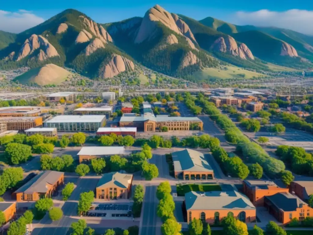 Boulder, Colorado: Ciudad vibrante entre montañas Vista aérea de downtown Boulder, Colorado, con los majestuosos Rockies al fondo