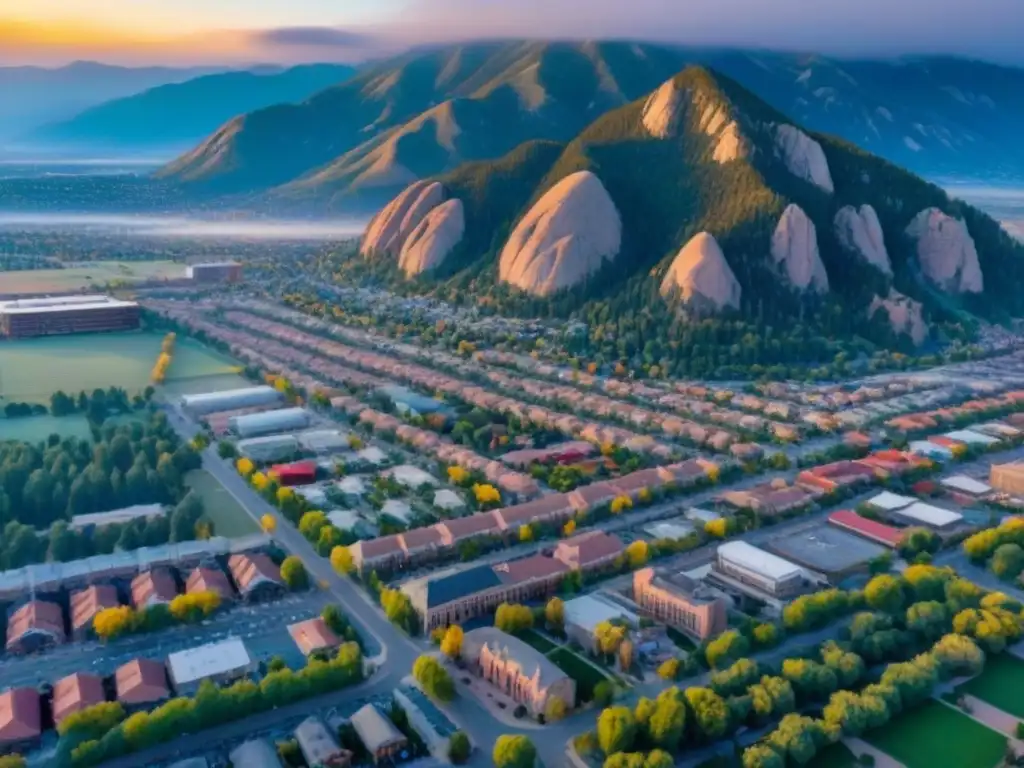 Vista aérea de Downtown Boulder, Colorado, entre las Montañas Rocosas al atardecer Vista aérea de Downtown Boulder, Colorado, entre las Montañas Rocosas