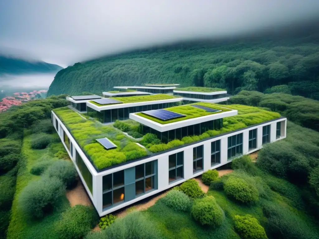 Complejo sustentable: armonía entre modernidad y naturaleza Vista aérea de un complejo moderno en armonía con la naturaleza