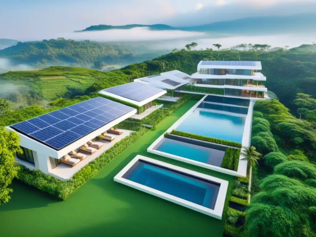 Residencial eco-lujoso: armonía entre opulencia y sostenibilidad Vista aérea de un complejo residencial sostenible de lujo en un entorno verde con elementos ecofriendly