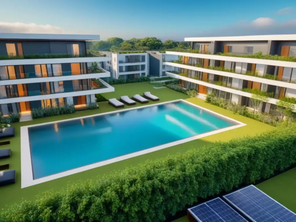 Residencial contemporáneo: diseño innovador y sostenible en medio de la naturaleza Vista aérea de complejo residencial multifamiliar con diseño moderno y sostenible, rodeado de vegetación