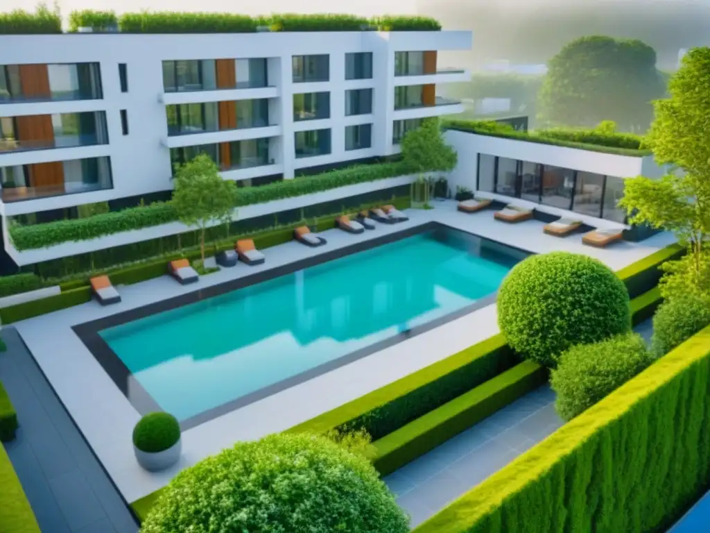 Complejo residencial de lujo con piscina y diseño moderno Vista aérea de complejo residencial moderno con áreas verdes, piscina y lujosos interiores, destacando estrategias para incrementar valor propiedades