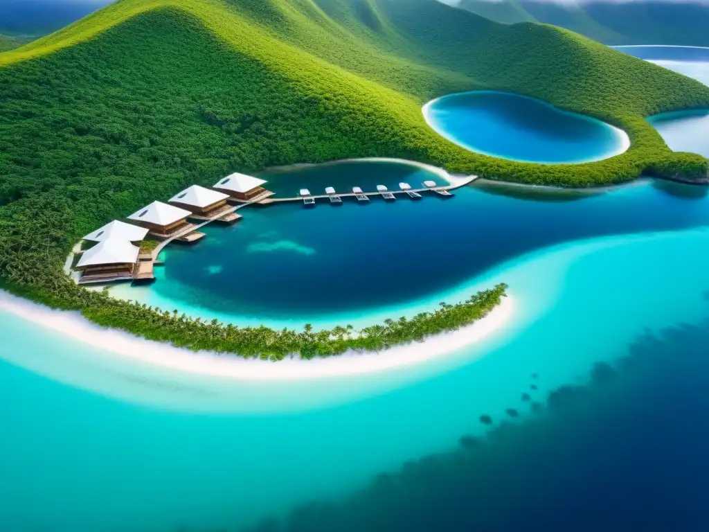 Paraíso eco-sostenible: resort de lujo en armonía con la naturaleza Vista aérea de complejo turístico ecofriendly con diseño sostenible en armonía con la naturaleza