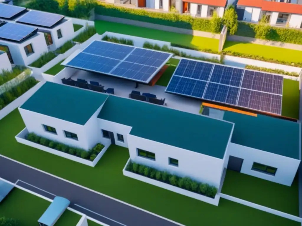 Complejo de viviendas modernas: diseño sostenible y comunidad diversa Vista aérea de complejo de viviendas asequibles modernas con paneles solares y comunidad diversa