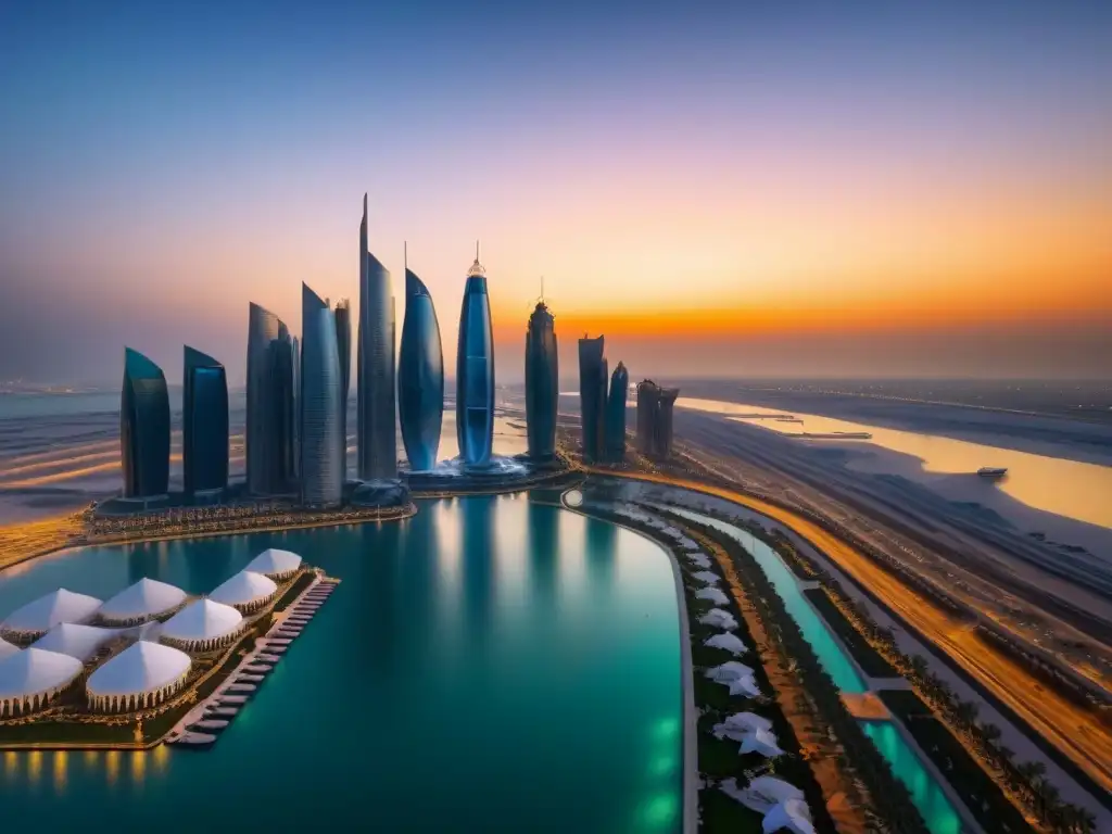 Esplendor urbano: atardecer en Abu Dabi, ciudad futurista Vista aérea de Abu Dabi al atardecer, reflejando lo mejor en oportunidades inversión inmobiliaria en Abu Dhabi