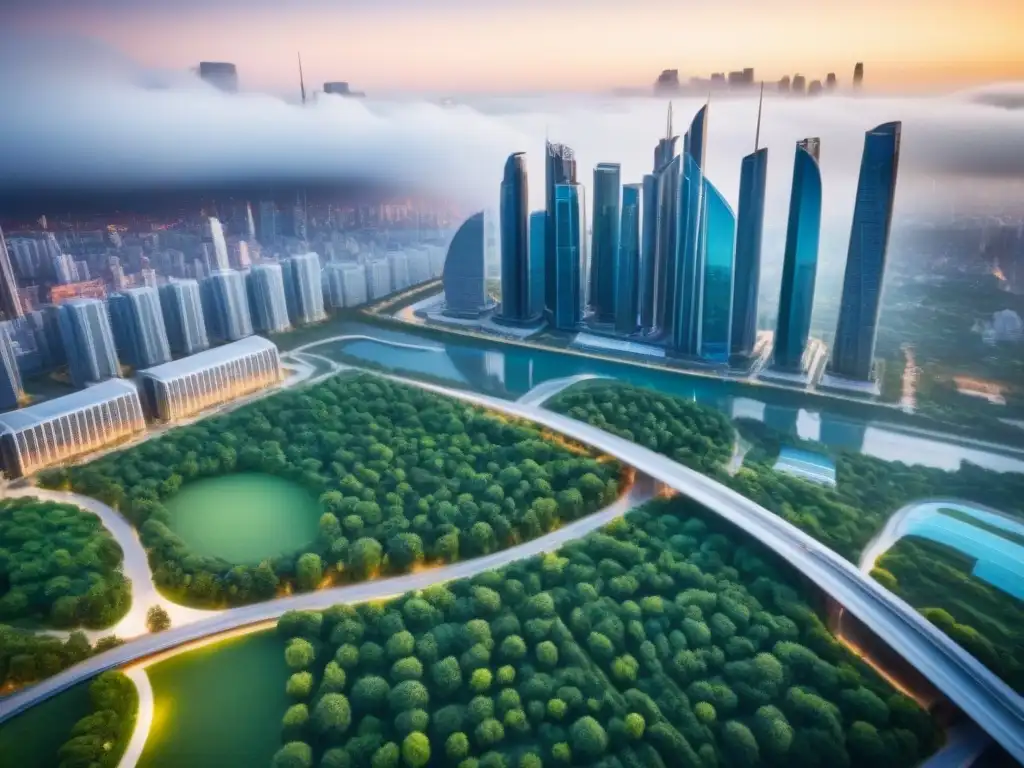 Desarrollo inmobiliario futurista: arquitectura sostenible y moderna Vista aérea de un desarrollo inmobiliario integrado futurista con rascacielos elegantes, espacios verdes y pasarelas interconectadas, mostrando un ambiente urbano vibrante con un enfoque en el diseño sostenible y la arquitectura moderna