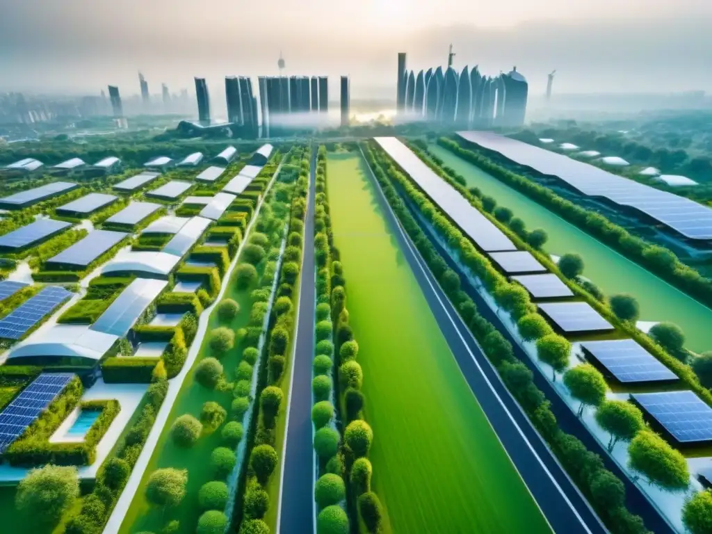 Desarrollo inmobiliario futurista: armonía entre naturaleza y tecnología Vista aérea de un desarrollo inmobiliario integrado futurista con rascacielos modernos conectados a espacios verdes y áreas residenciales, mostrando integración de tecnología inteligente y elementos de diseño sostenible