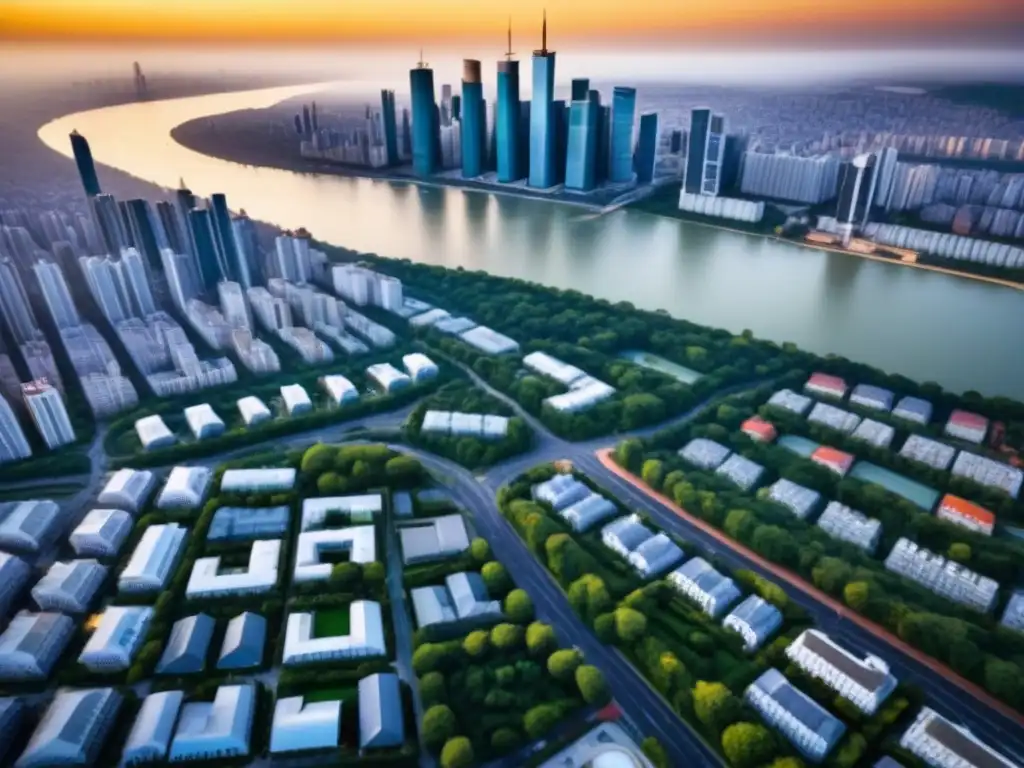 Metrópolis moderna: arquitectura, naturaleza y cultura en armonía Vista aérea de desarrollo inmobiliario en área metropolitana: rascacielos, áreas verdes y paisaje urbano al atardecer