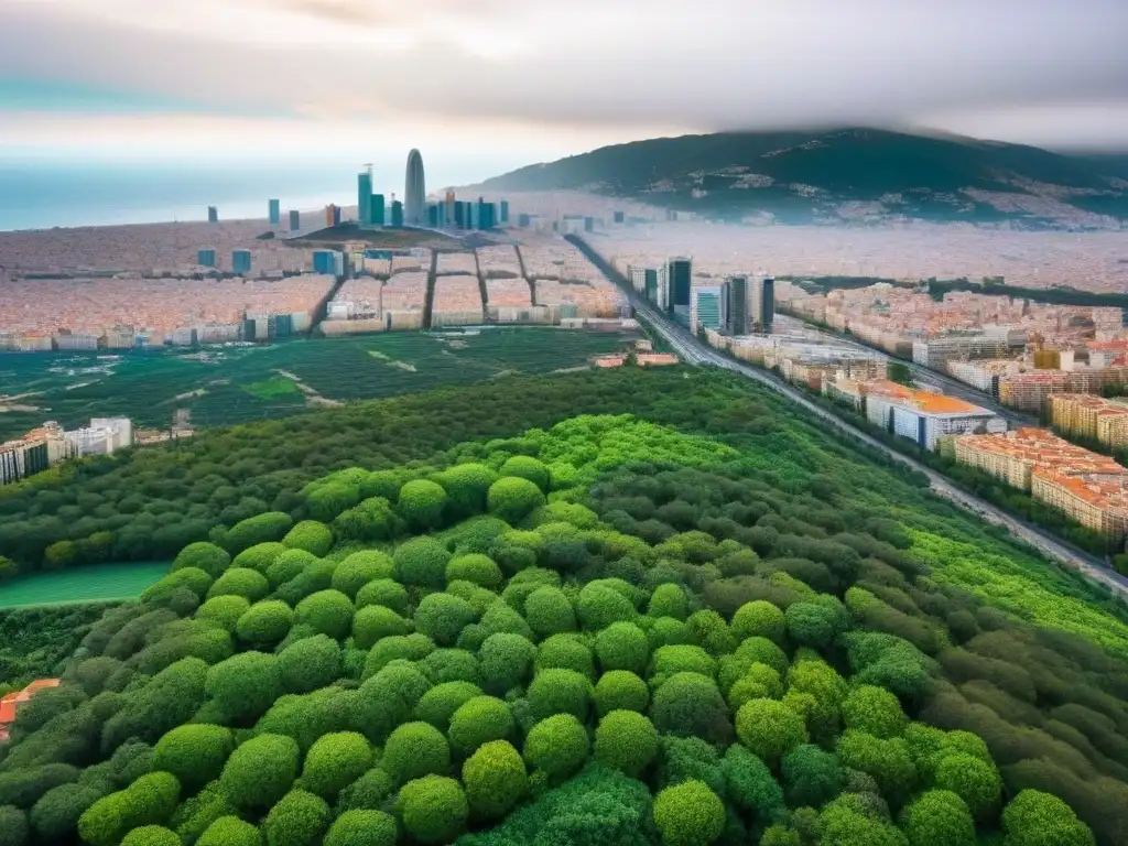 Barcelona sostenible: arquitectura moderna en armonía con la naturaleza Vista aérea de Barcelona con desarrollo sostenible: espacios verdes, paneles solares, tranvías y carriles bici