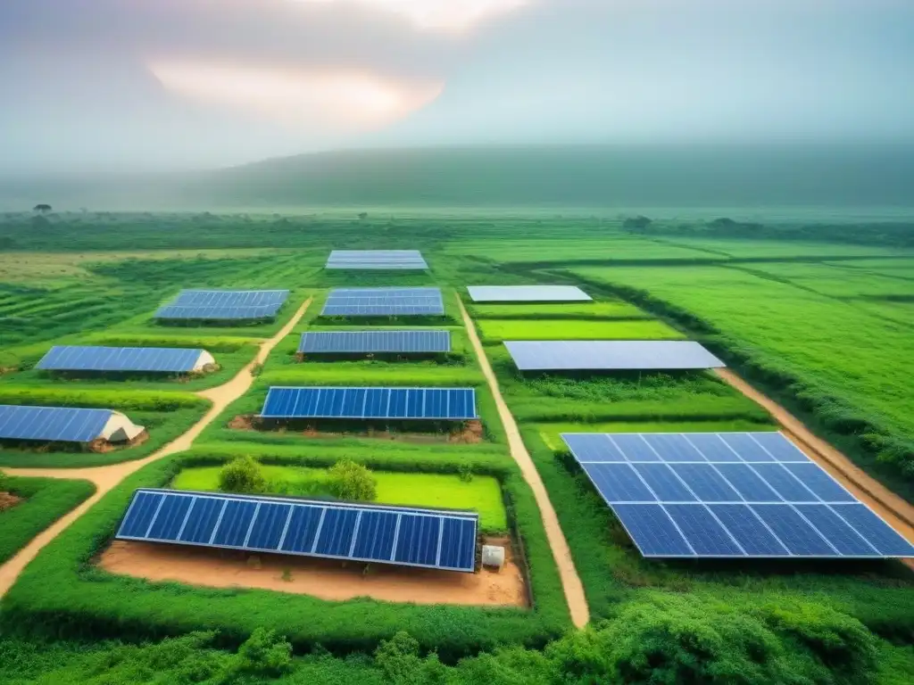 Desarrollo sostenible en África Subsahariana: integración urbana y natural Vista aérea de desarrollo sostenible mercado inmobiliario África con techos verdes, paneles solares y diseño eficiente