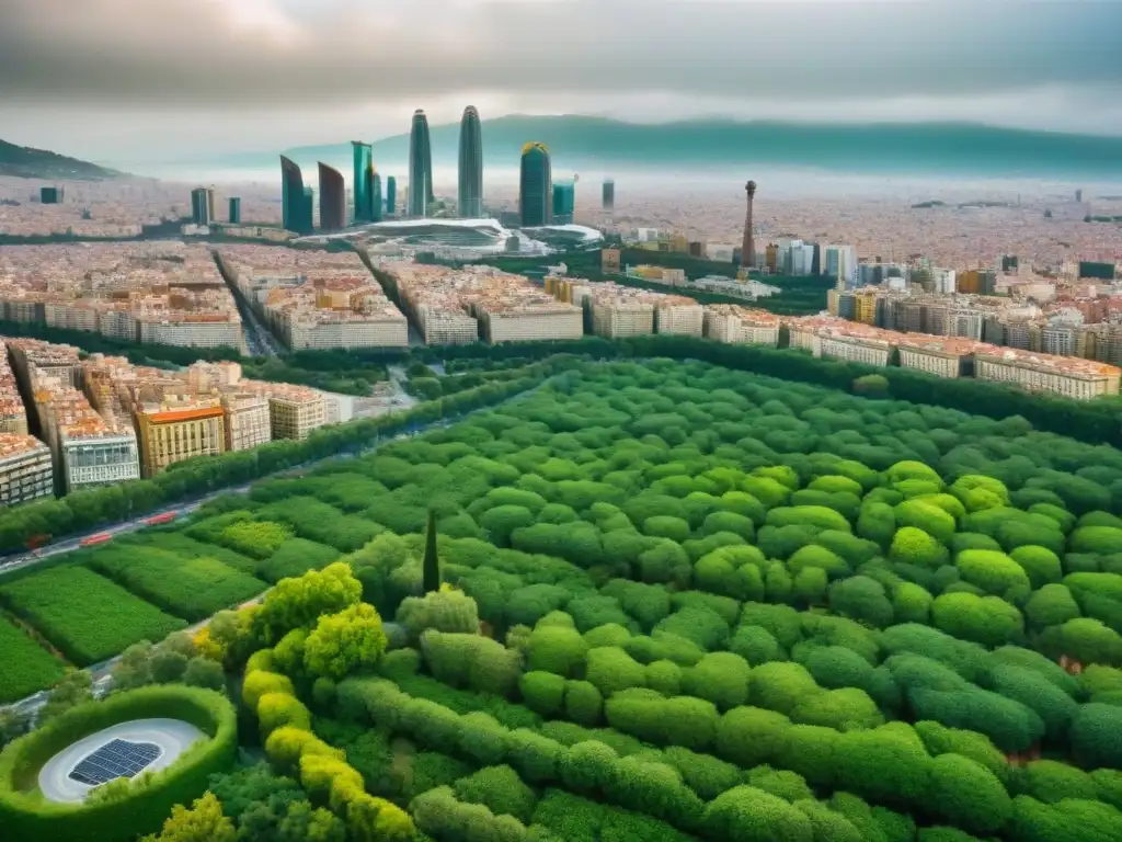 Barcelona sostenible: armonía urbana y conservación ambiental Vista aérea de Barcelona con desarrollo sostenible: espacios verdes, carriles bici y paneles solares