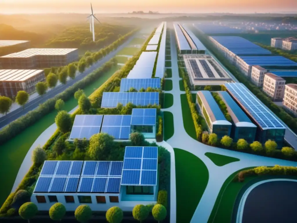 Desarrollo urbano sostenible: paisaje eco-moderno al atardecer Vista aérea de un desarrollo urbano sostenible con techos verdes, paneles solares, turbinas eólicas y calles peatonales rodeadas de árboles