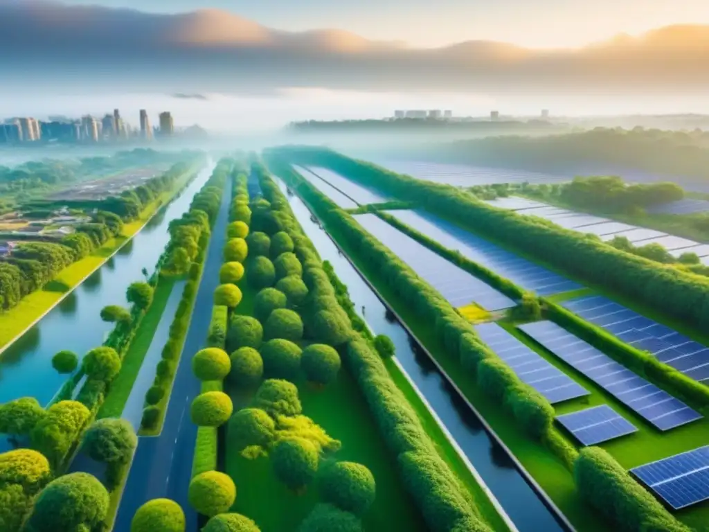 Desarrollo urbano sostenible: visión eco-friendly del futuro Vista aérea de desarrollo urbano sostenible con edificios verdes, paneles solares y comunidad activa en prácticas ecofriendly