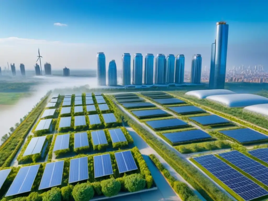 Desarrollo inmobiliario futurista: integración urbana sostenible Vista aérea de Desarrollos Inmobiliarios Integrados Internacionales con diseño futurista y sostenible en una ciudad inteligente