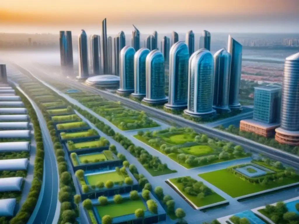Metrópolis futurista: arquitectura vanguardista y sostenible Vista aérea de desarrollos inmobiliarios futuristas integrados para inversionistas globales