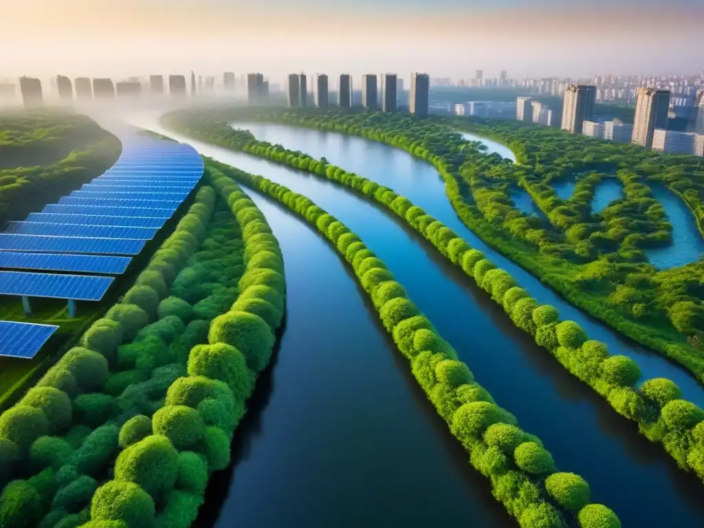 Metrópolis sostenible: armonía entre urbanismo y conservación ambiental Vista aérea de desarrollos inmobiliarios sostenibles en áreas metropolitanas, con techos verdes y paneles solares