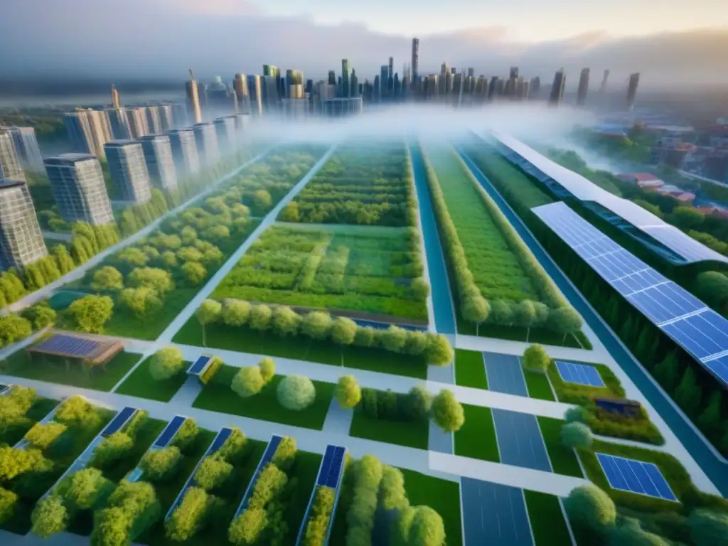 Eco-innovación urbana: armonía entre naturaleza y ciudad Vista aérea de desarrollos inmobiliarios sostenibles en áreas metropolitanas, con techos verdes, paneles solares y áreas verdes integradas