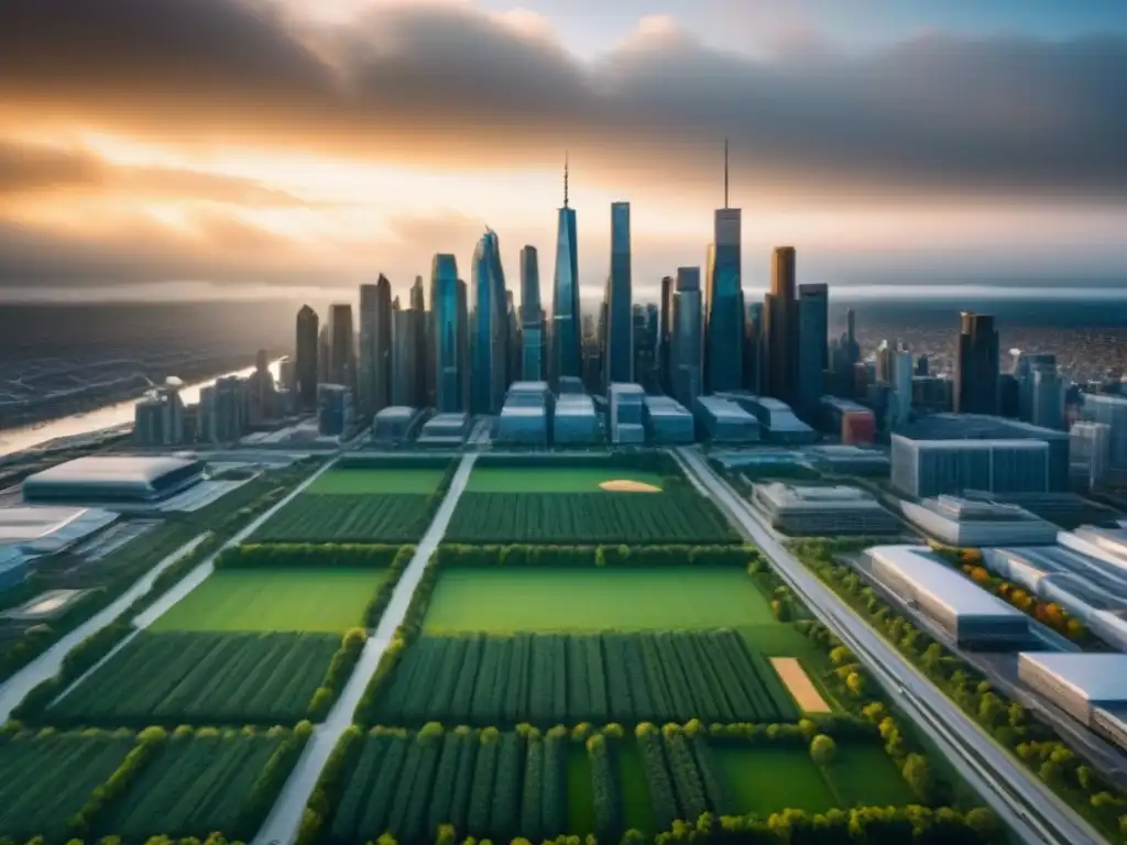 Metrópolis futurista: skyline vanguardista en Norteamérica Vista aérea de desarrollos inmobiliarios en áreas metropolitanas norteamericanas