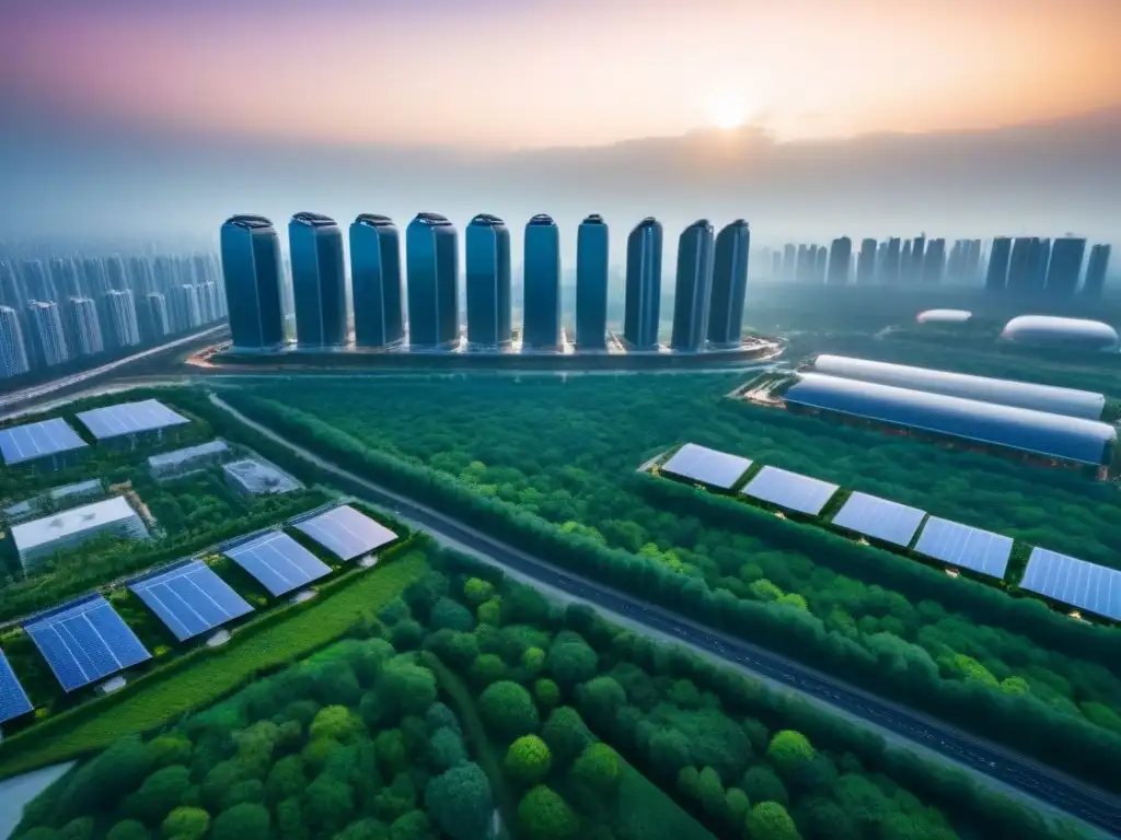 Desarrollo inmobiliario futurista: skyline vibrante y sostenible Vista aérea de Desarrollos Inmobiliarios Integrados Internacionales con rascacielos futuristas, áreas verdes y tecnología avanzada