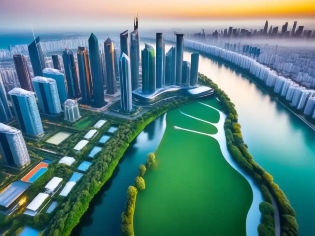 Esplendor urbano al atardecer: lujo y naturaleza en armonía Vista aérea deslumbrante de una ciudad reluciente con rascacielos y parques verdes, ideal para invertir