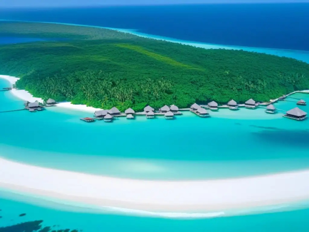 Paraíso exclusivo: isla privada de lujo con bungalows sobre el agua Vista aérea deslumbrante de isla privada con aguas turquesas cristalinas, bungalows de lujo sobre el agua y playas de arena blanca