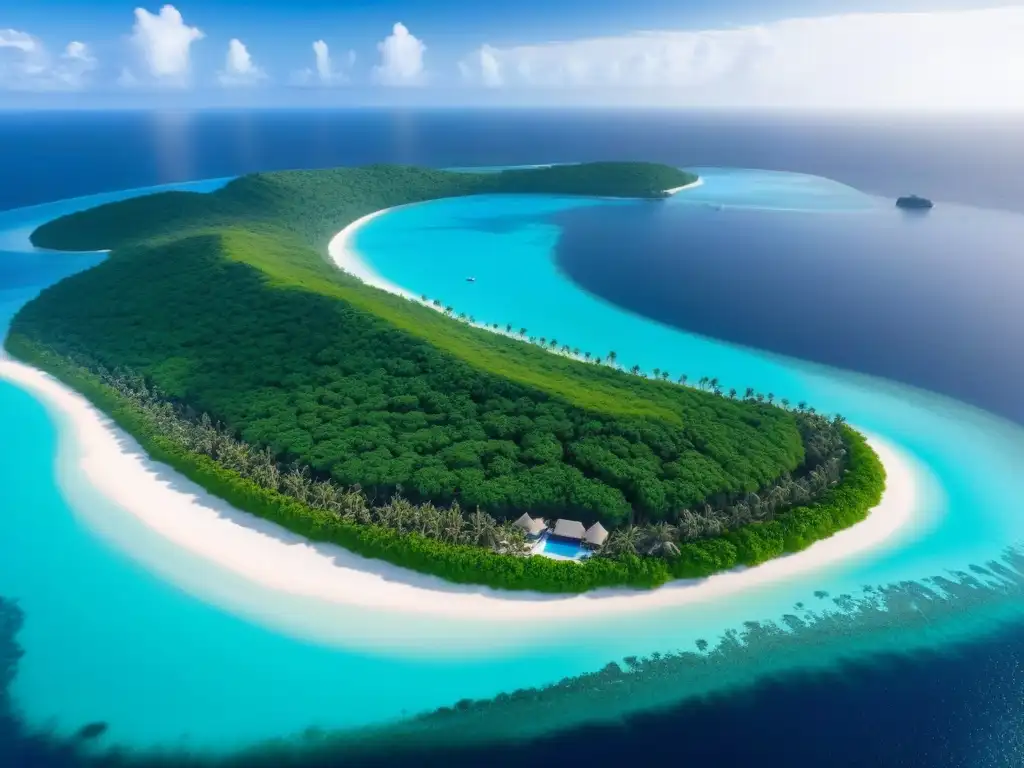 Paraíso exclusivo: isla privada de lujo con villas y playa Vista aérea deslumbrante de isla privada rodeada de aguas turquesas, villas lujosas, playa de arena y yate en marina