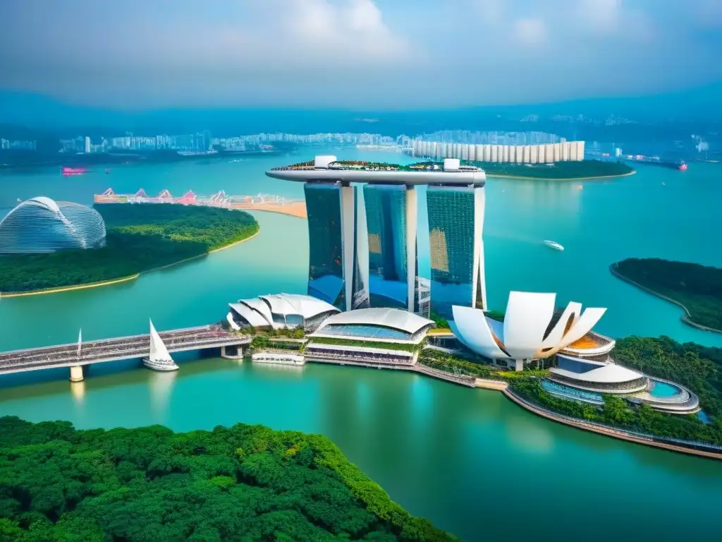 Marina Bay Sands: lujo moderno en Singapur Vista aérea deslumbrante del icónico Marina Bay Sands en Singapur, simbolizando el mercado inmobiliario de lujo en Asia