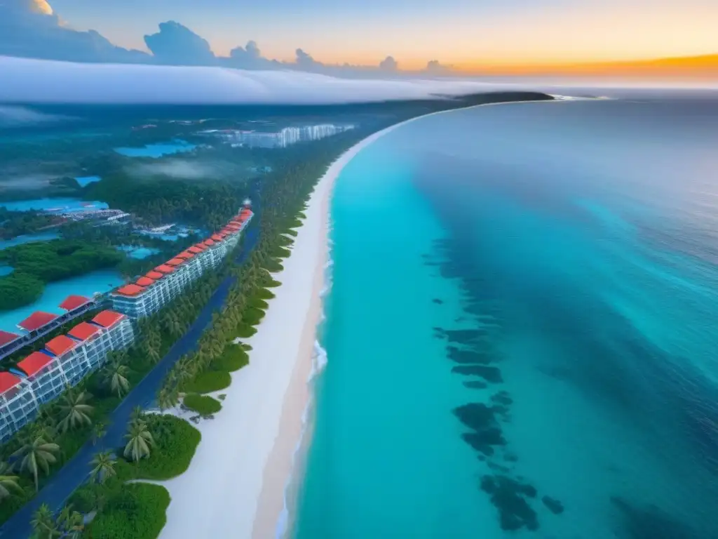 Atardecer de lujo en destino turístico paradisíaco Vista aérea de destino turístico prime con playa de arena, resorts de lujo y sol cayendo sobre palmeras y paseo marítimo