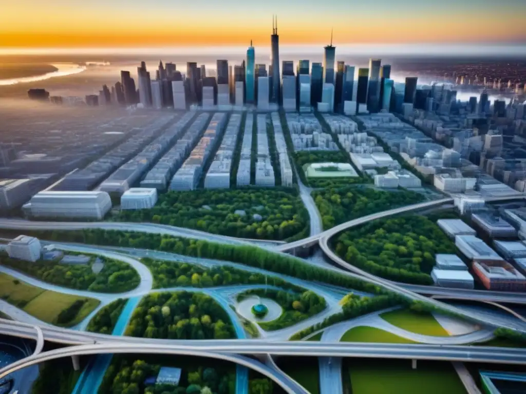 Metrópolis en Evolución: Paisaje Urbano Moderno en América del Norte Vista aérea detallada de áreas metropolitanas norteamericanas con modernos desarrollos inmobiliarios y naturaleza integrada