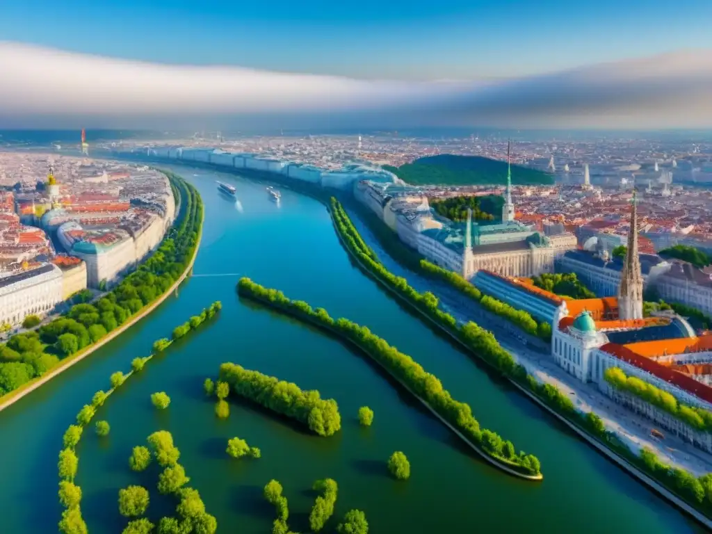 Vienna: mezcla arquitectónica histórica y moderna desde el aire Vista aérea detallada de Viena con arquitectura histórica y rascacielos modernos, el río Danubio y cielo azul
