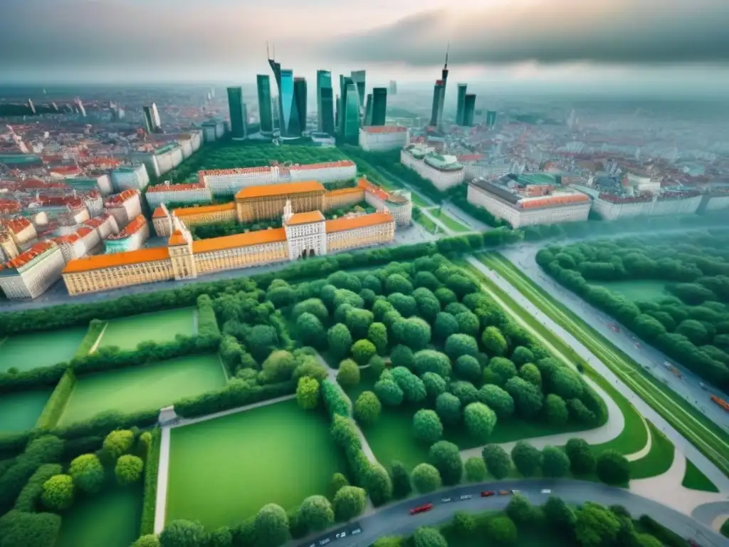 Vista aérea detallada de Varsovia: arquitectura histórica y moderna Vista aérea detallada de Varsovia, Polonia, mezclando arquitectura histórica con rascacielos modernos, simbolizando la evolución inmobiliaria en Europa del Este