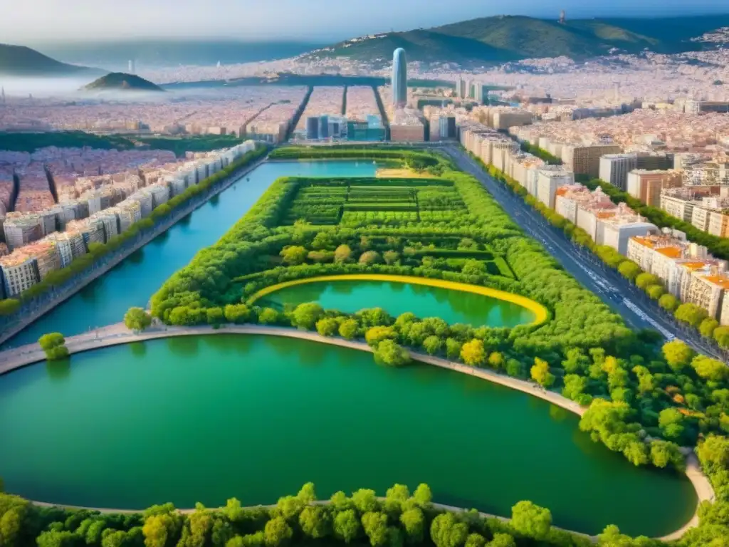 Barcelona sostenible: arquitectura innovadora y verde Vista aérea detallada de Barcelona con arquitectura sostenible y urbana, destacando el contraste entre lo histórico y lo moderno