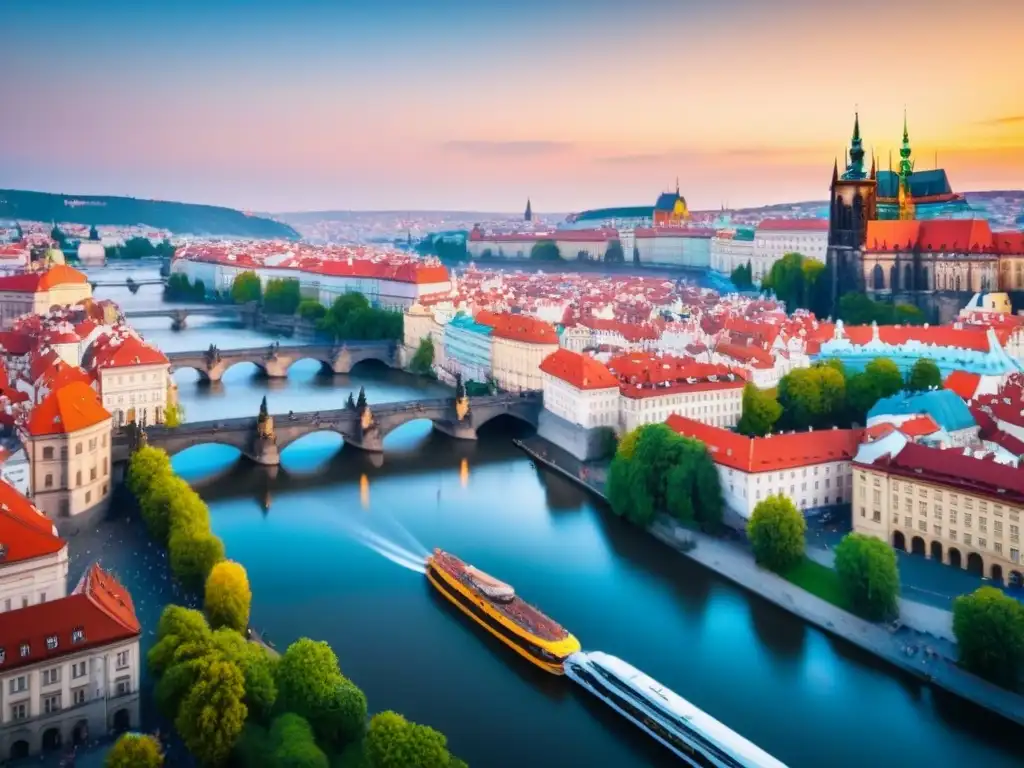 Puesta de sol en Praga: la fusión perfecta entre historia y modernidad Vista aérea detallada de Praga al atardecer, destacando sus monumentos icónicos