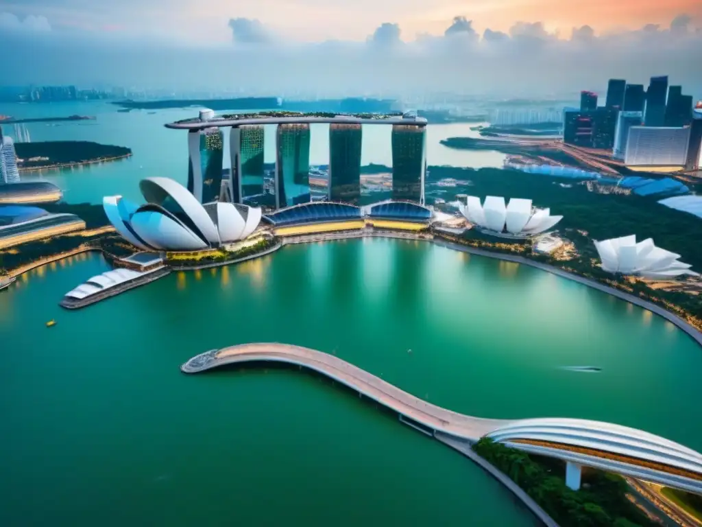 Marina Bay Sands y skyline moderno de Singapur al atardecer Vista aérea detallada de Singapur al atardecer, con Marina Bay Sands y una mezcla de arquitectura tradicional y moderna