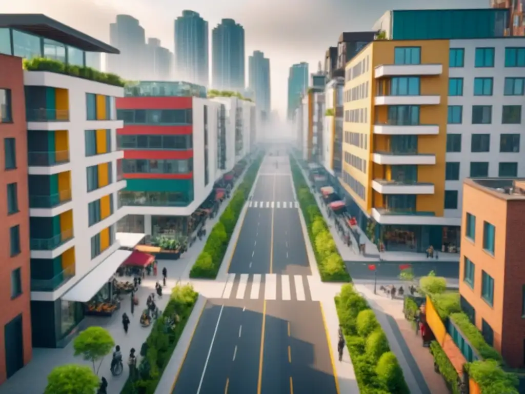 Una vista aérea detallada de un barrio urbano diverso con armoniosa combinación de edificios modernos, espacios verdes, centros comunitarios y animados mercados callejeros