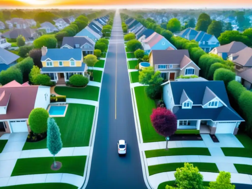 Vista aérea detallada de vecindario suburbano con drones modernos Vista aérea detallada de un barrio suburbano con casas modernas, césped verde y drones