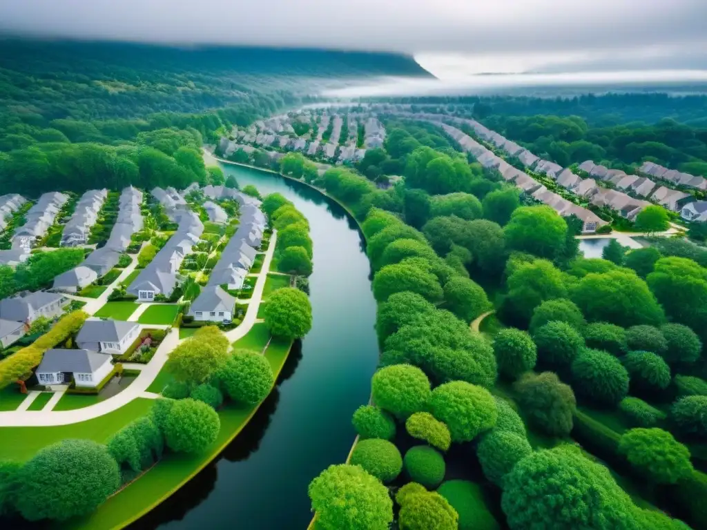 Vista aérea detallada de vecindario diverso y arquitectura única Vista aérea detallada de un barrio suburbano con diversidad arquitectónica y natural
