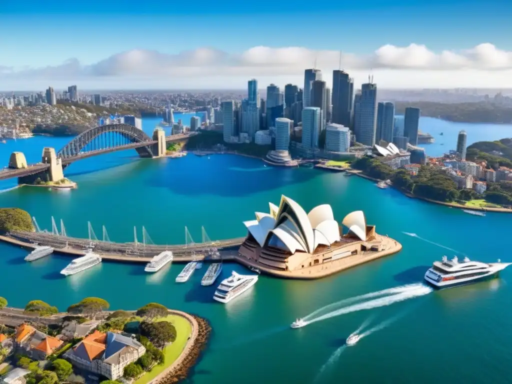 Vibrante skyline de Sydney: modernidad y tradición Vista aérea detallada de Sidney con su boom inmobiliario, mezcla de edificios modernos e históricos, y espacios verdes