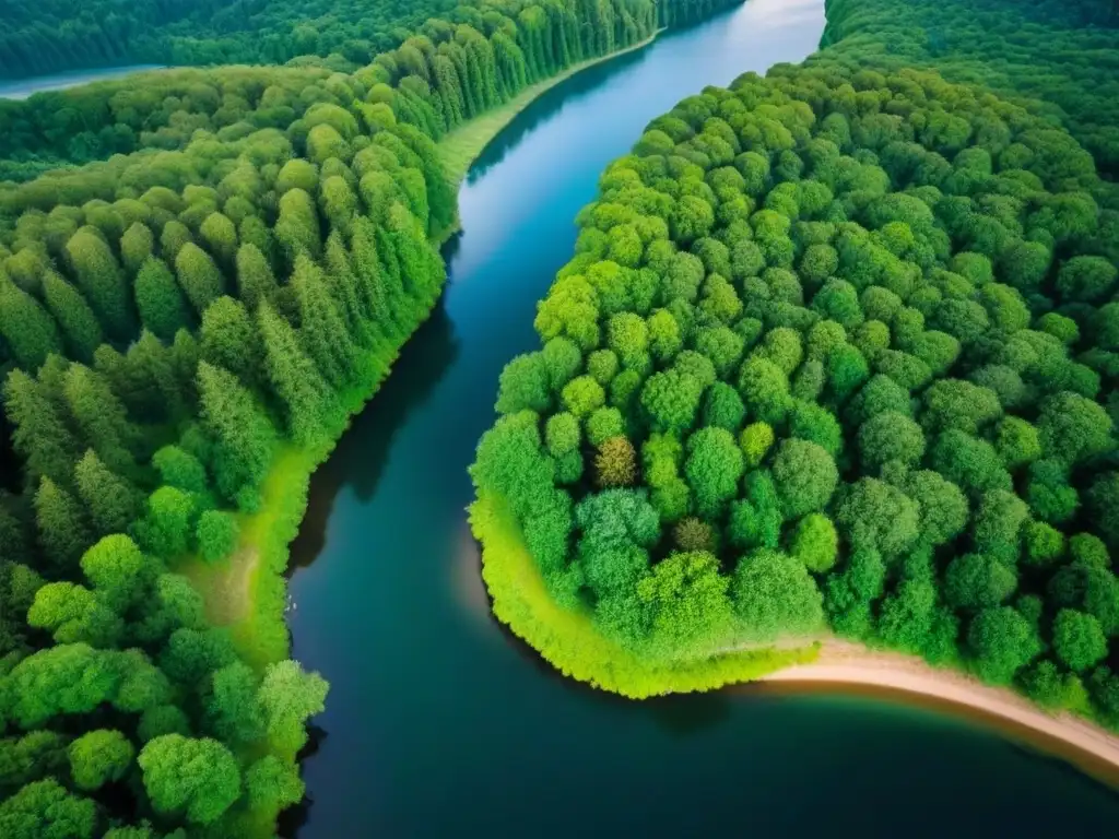 Espléndida vista aérea de un bosque verde exuberante con río cristalino Vista aérea detallada de un bosque verde exuberante con río, que muestra la belleza natural