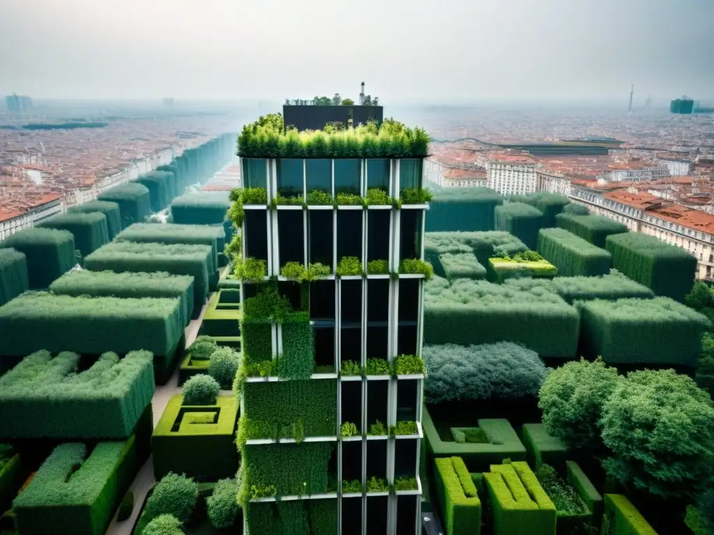 Maravilla arquitectónica: Bosco Verticale en Milán Vista aérea detallada de los Bosques Verticales en Milán, Italia, destacando su diseño sostenible y eficiencia energética en arquitectura bioclimática