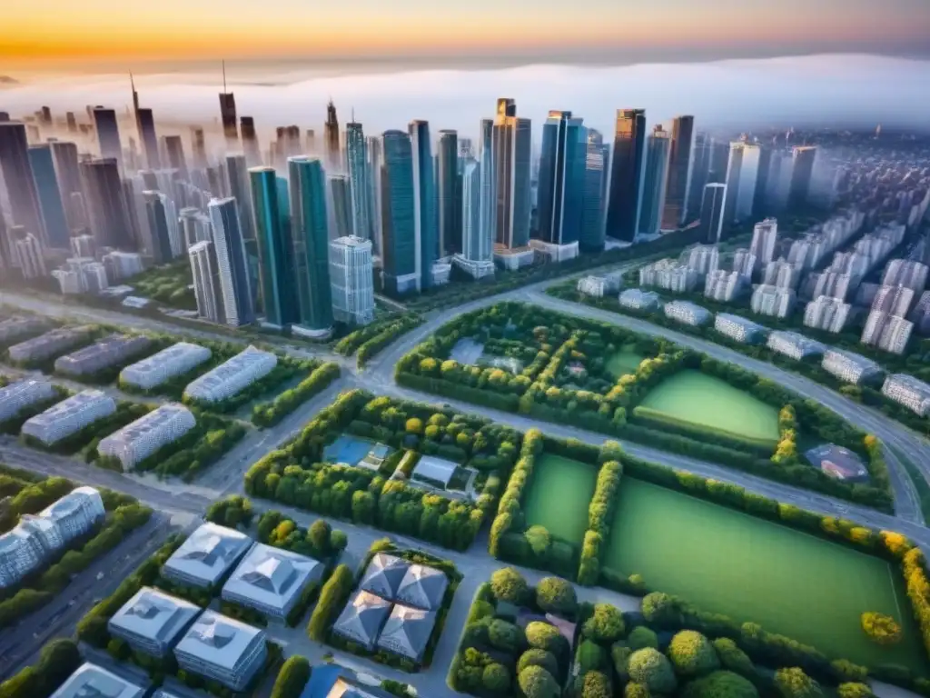 Metrópolis vibrante: luces, rascacielos y conexiones urbanas Vista aérea detallada de una bulliciosa ciudad con rascacielos, áreas residenciales y carreteras llenas de autos