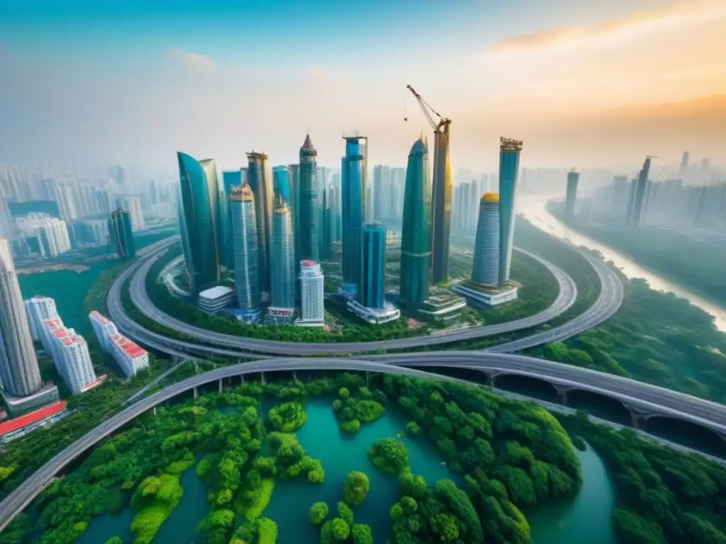 Metrópolis futurista en el sudeste asiático: innovación y crecimiento Vista aérea detallada de una bulliciosa ciudad del Sudeste Asiático con rascacielos innovadores y calles llenas de vehículos futuristas