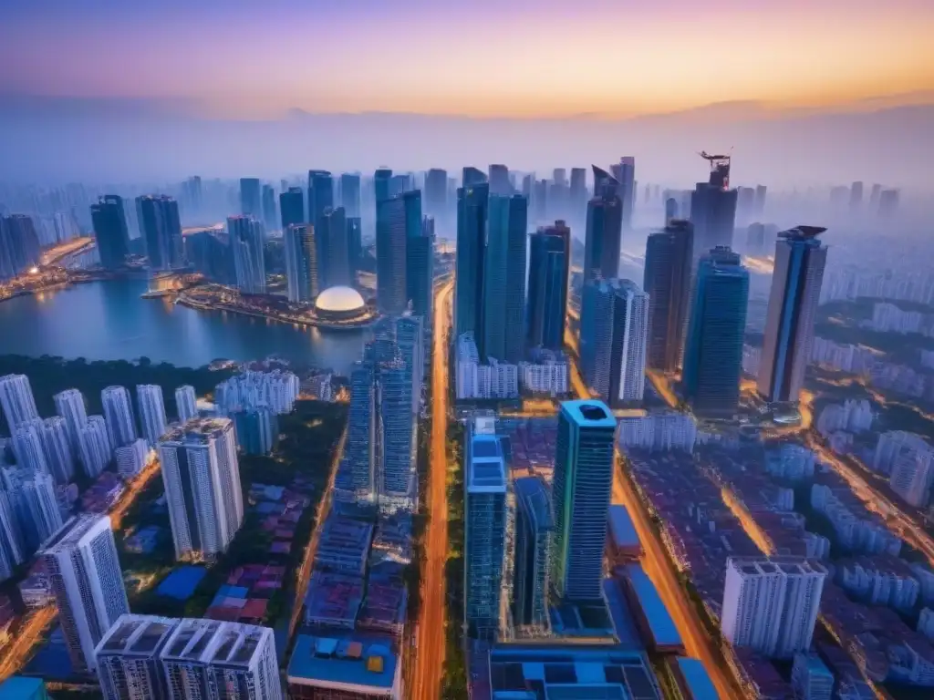 Metrópolis asiática: fusión de tradición y modernidad Vista aérea detallada de una bulliciosa ciudad en el sudeste asiático, reflejando el impacto del trabajo remoto en el mercado inmobiliario
