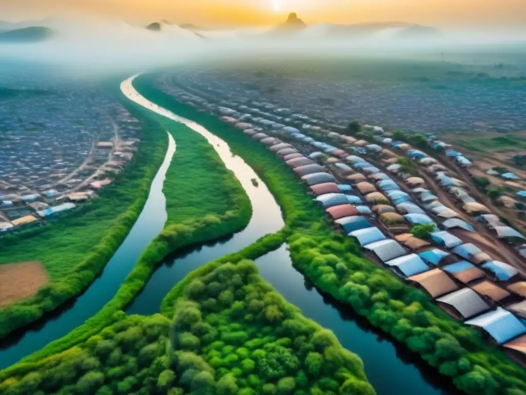 Cityscape vibrante en África Subsahariana: tradición y modernidad Vista aérea detallada de una bulliciosa ciudad en África Subsahariana, donde se mezclan edificios tradicionales de barro con rascacielos modernos