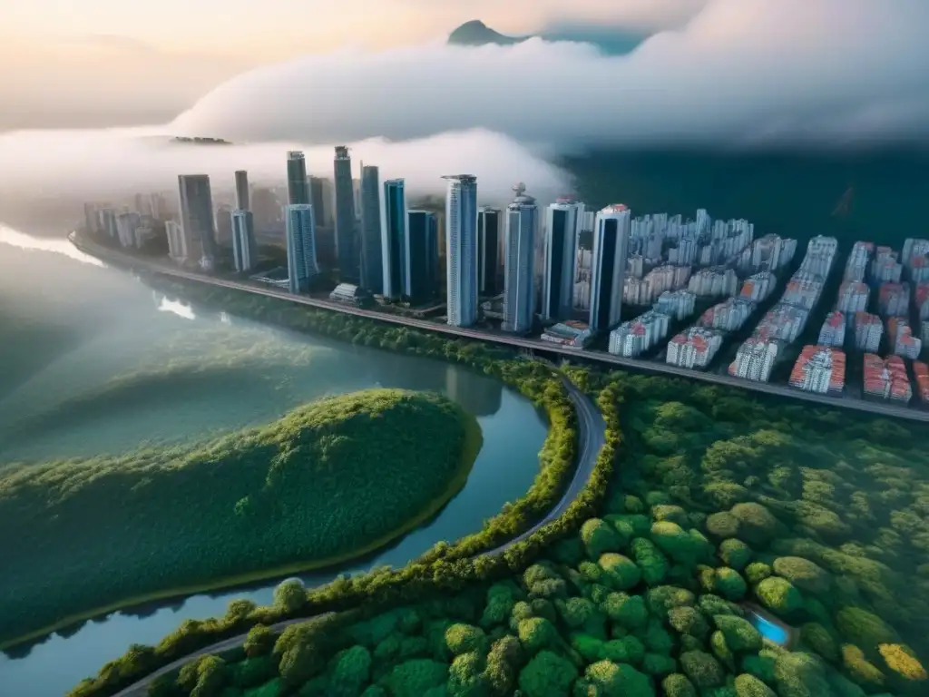 Vibrante metrópolis latinoamericana: crecimiento y modernidad urbana Vista aérea detallada de una bulliciosa ciudad en América Latina, con rascacielos, edificios residenciales y hitos rodeados de vegetación, un río serpenteante y el futuro de las tendencias inmobiliarias en la región