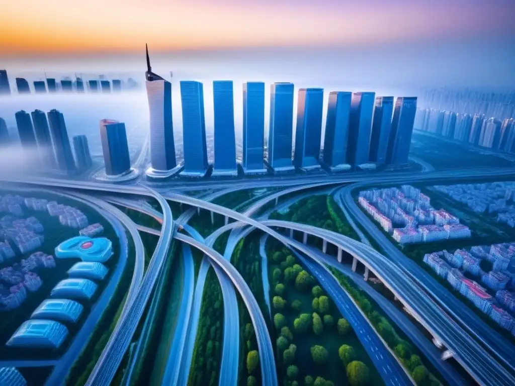 Vibrante ciudad moderna en la Iniciativa del Cinturón y Ruta de la Seda Vista aérea detallada de una bulliciosa ciudad en la Inversión inmobiliaria en Franja y Ruta, con rascacielos modernos y calles llenas de vida