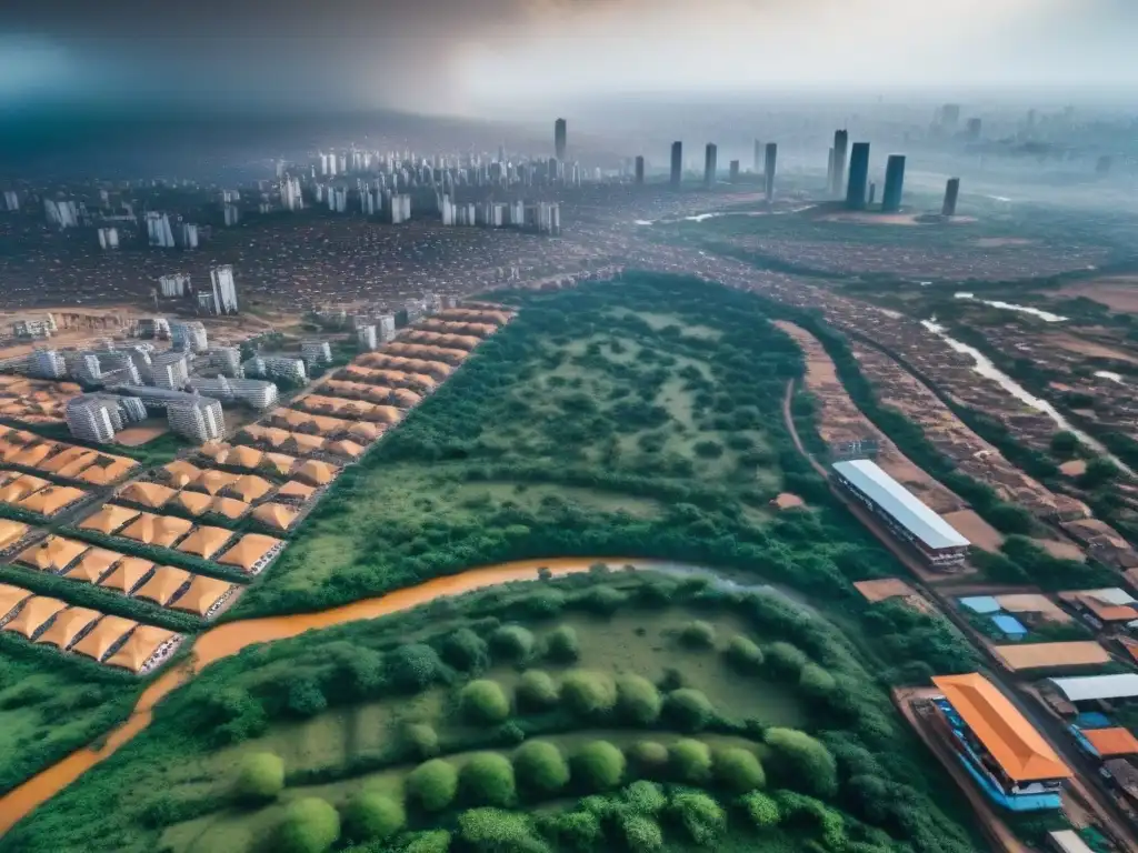 Vista aérea detallada de una bulliciosa ciudad en África Subsahariana, con mezcla de edificios tradicionales y rascacielos modernos, reflejando la diversidad del mercado inmobiliario