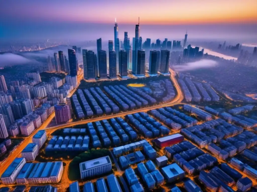 Metrópolis en crepúsculo: dinamismo urbano y arquitectura moderna Vista aérea detallada de una bulliciosa área metropolitana al anochecer, resaltando desarrollos inmobiliarios en áreas metropolitanas