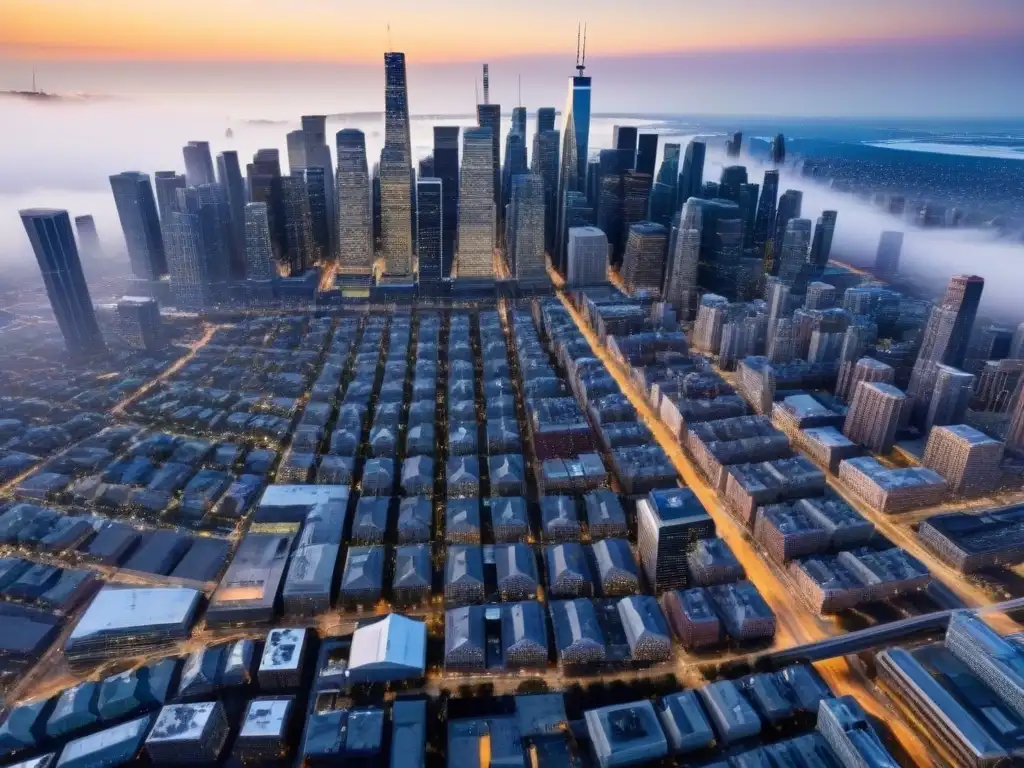Vista aérea detallada de ciudad dinámica en América del Norte Vista aérea detallada de una bulliciosa ciudad en Norteamérica, reflejando diversidad y crecimiento